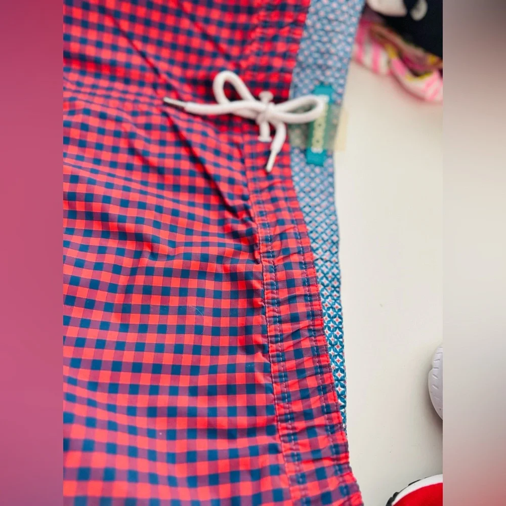 BONOBOS Mens Red & Navy Blue Plaid Check Swim Shorts Trunks